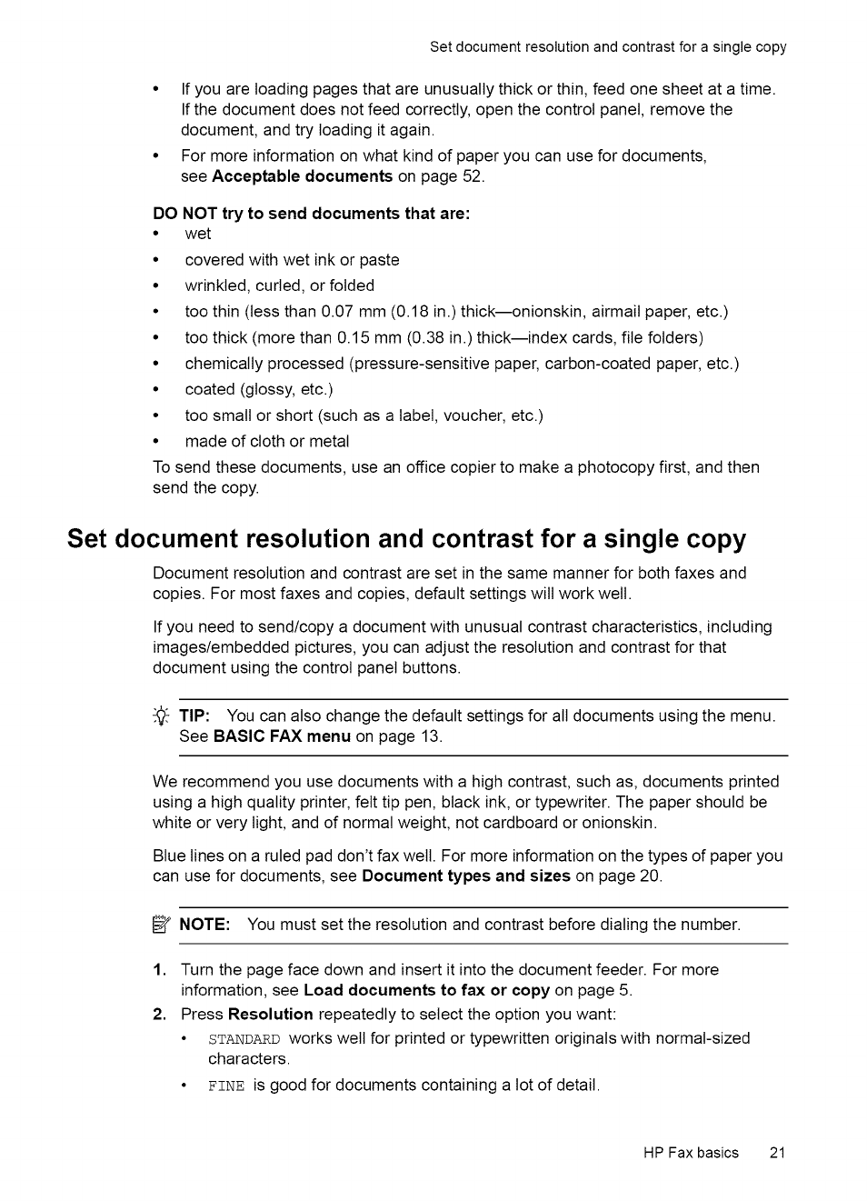 Paper types and sizes, Document types and sizes | HP 2140 User Manual | Page 24 / 70