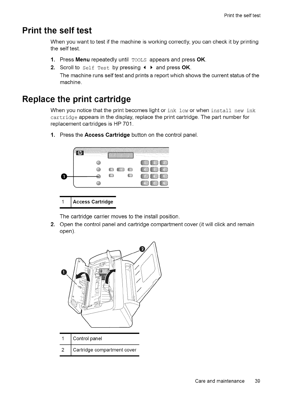 Care and maintenance, Print cartridge information, View ink ievei | 6 care and maintenance, View ink level | HP 2140 User Manual | Page 42 / 70