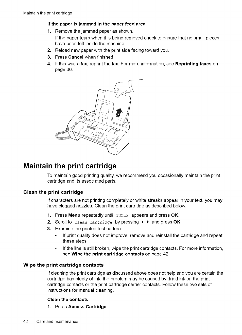 Clear jammed documents and paper, Document jams during transmission, Paper jams during printing | HP 2140 User Manual | Page 45 / 70