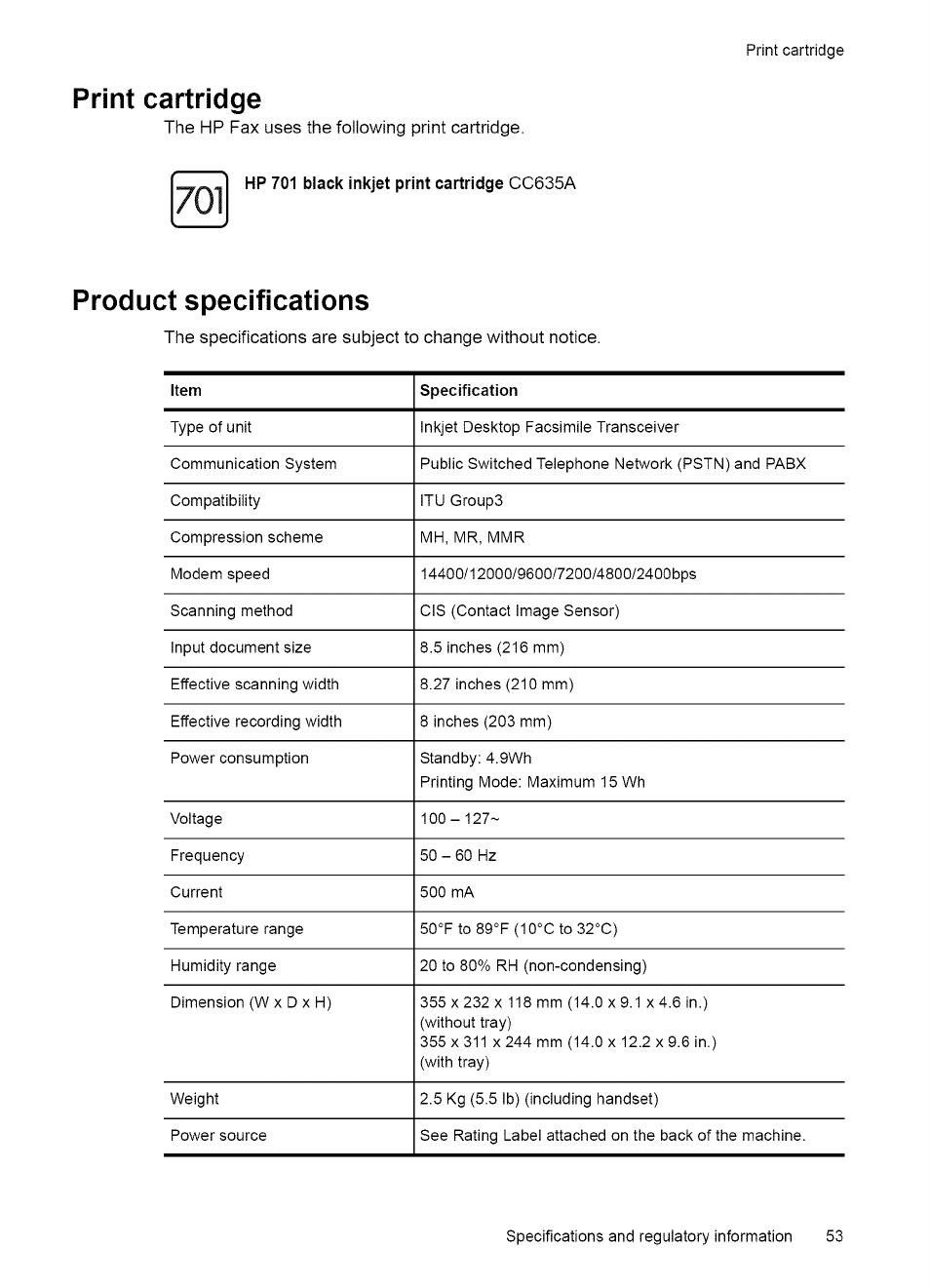 7 specifications and regulatory information, Paper types and sizes, Document types and sizes | 7 specifications and reguiatory information | HP 2140 User Manual | Page 56 / 70