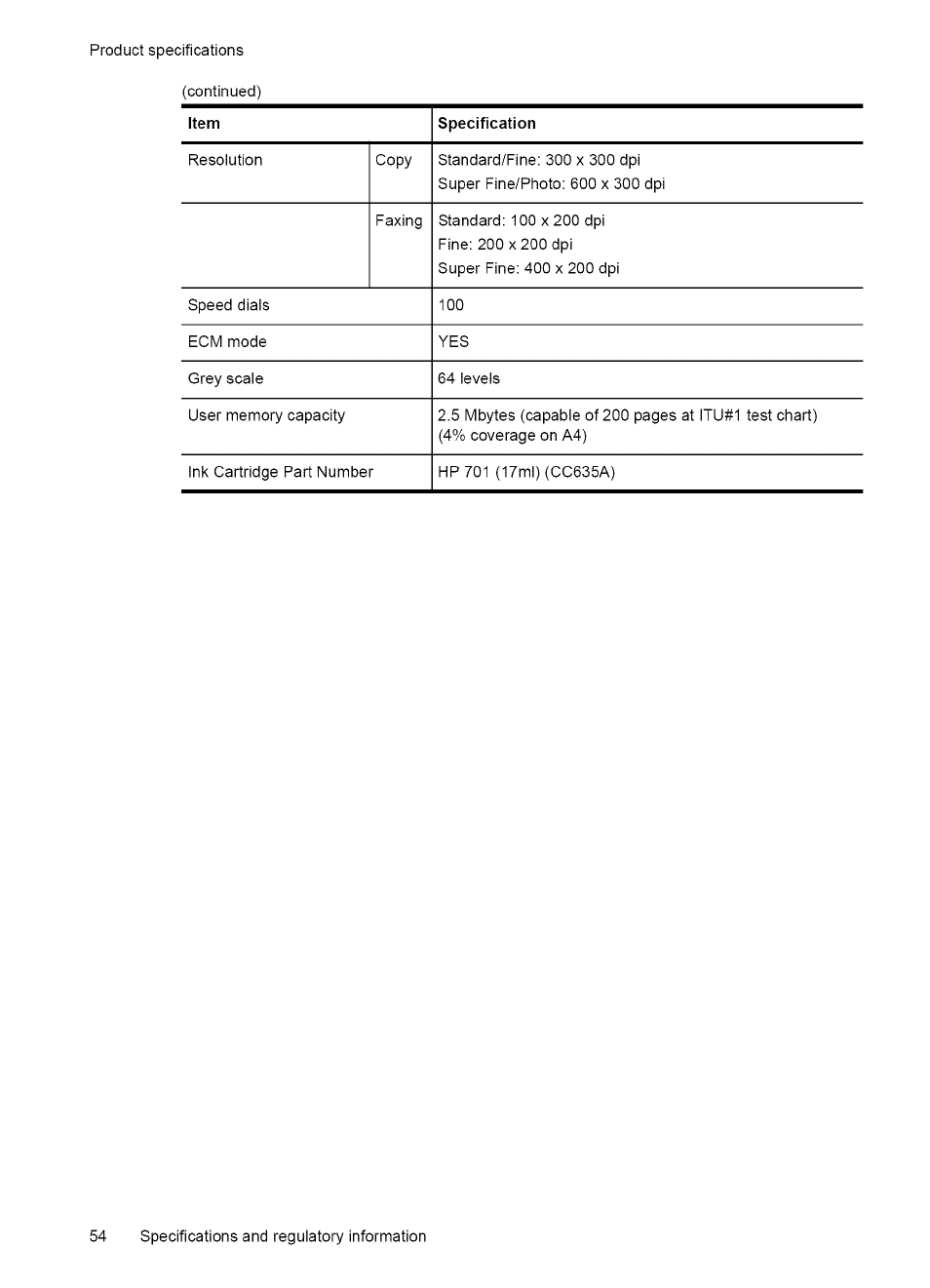 Print cartridge, Product specifications | HP 2140 User Manual | Page 57 / 70