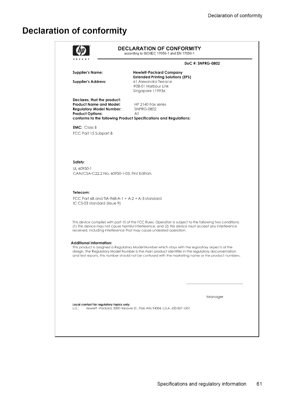 60 specifications and regulatory information | HP 2140 User Manual | Page 64 / 70