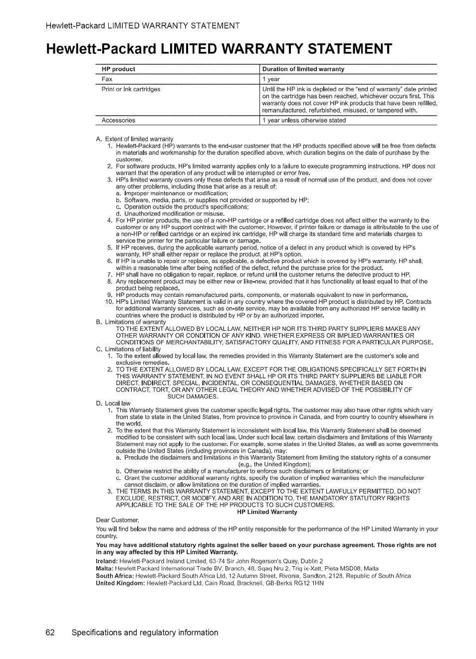 Declaration of conformity, Specifications and reguiatory information 61 | HP 2140 User Manual | Page 65 / 70