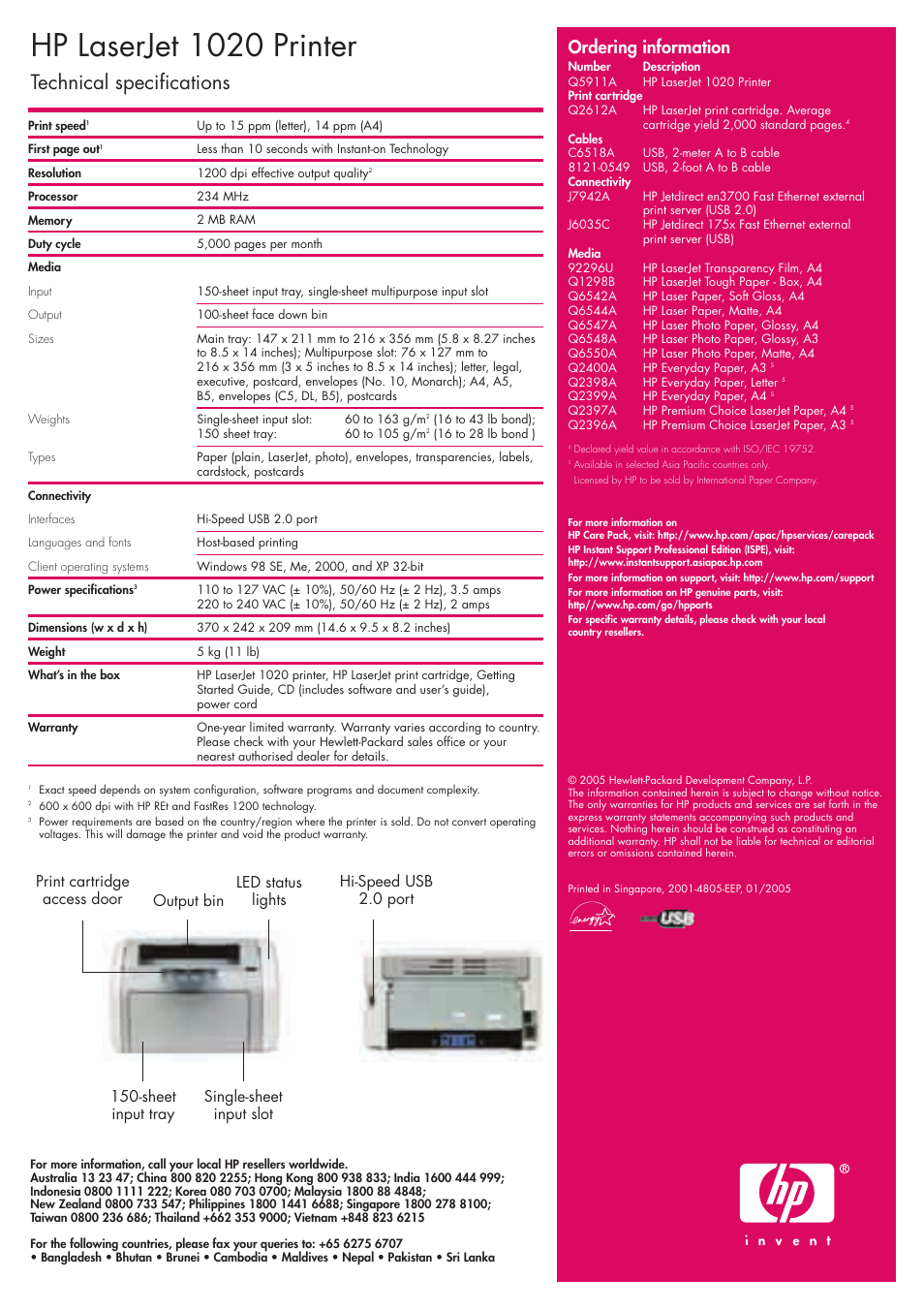 Hp laserjet 1020 printer, Technical specifications, Ordering information | HP 1020 User Manual | Page 2 / 2