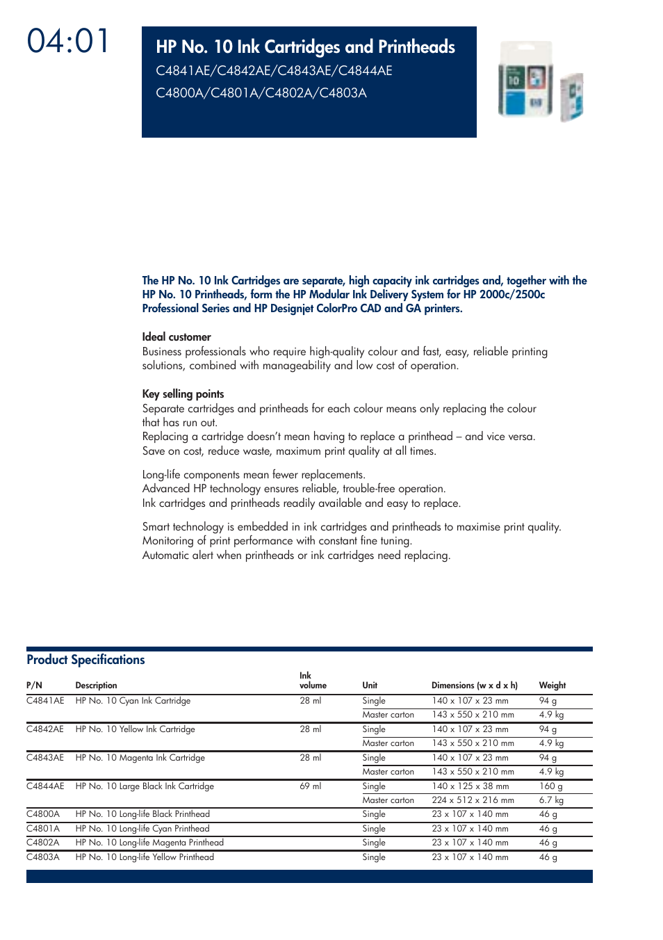 Hp no. 10 ink cartridges and printheads | HP 200T User Manual | Page 128 / 174