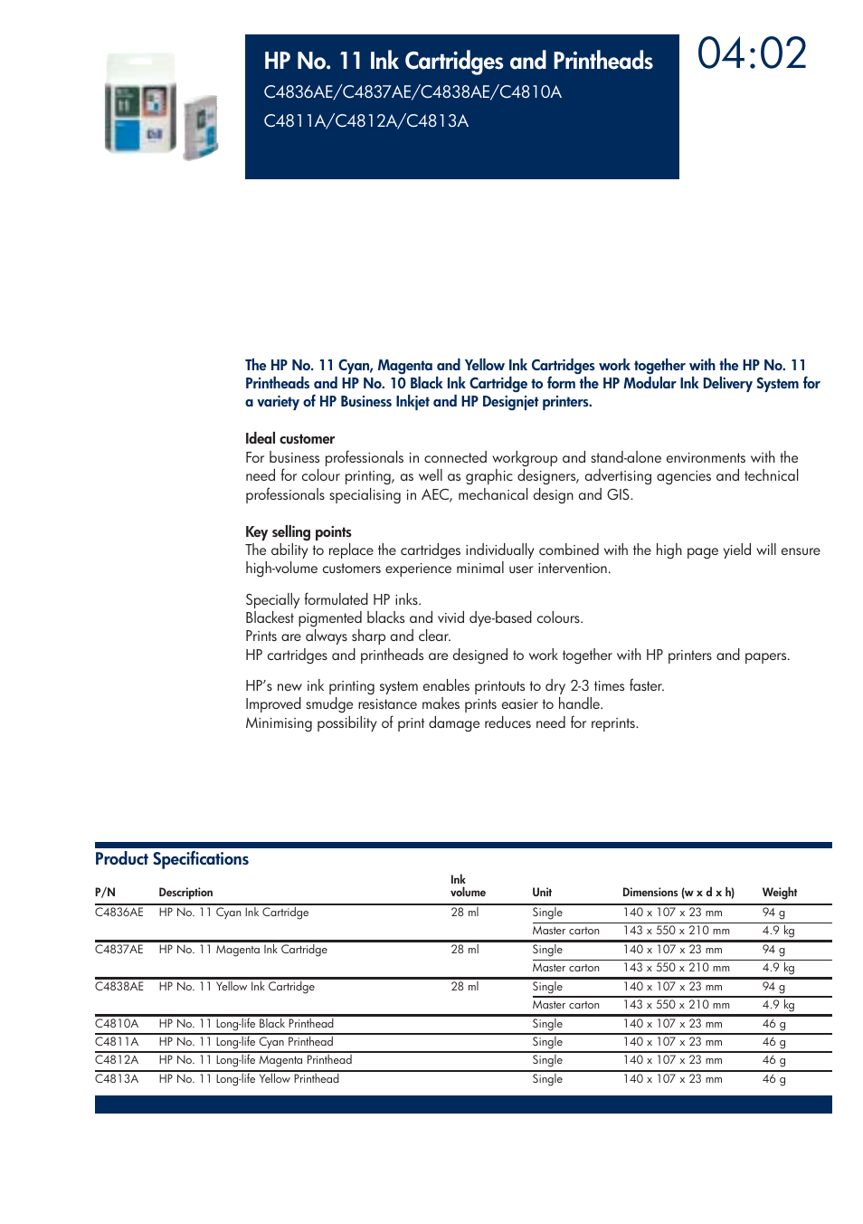 Hp no. 11 ink cartridges and printheads | HP 200T User Manual | Page 129 / 174