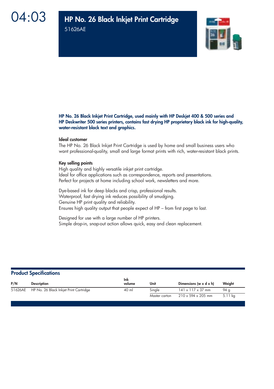 Hp no. 26 black inkjet print cartridge | HP 200T User Manual | Page 130 / 174
