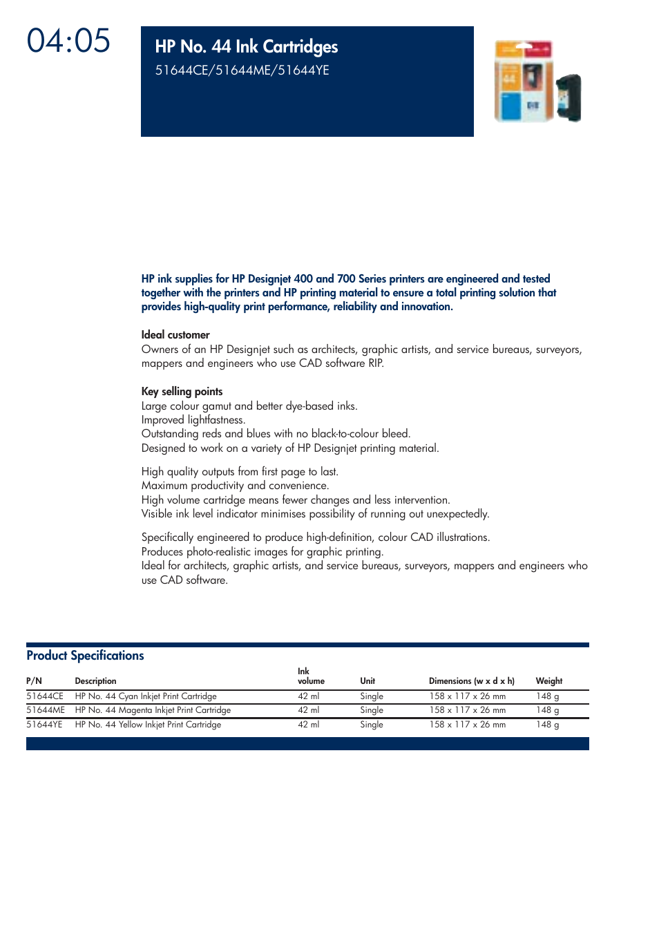 Hp no. 44 ink cartridges | HP 200T User Manual | Page 132 / 174