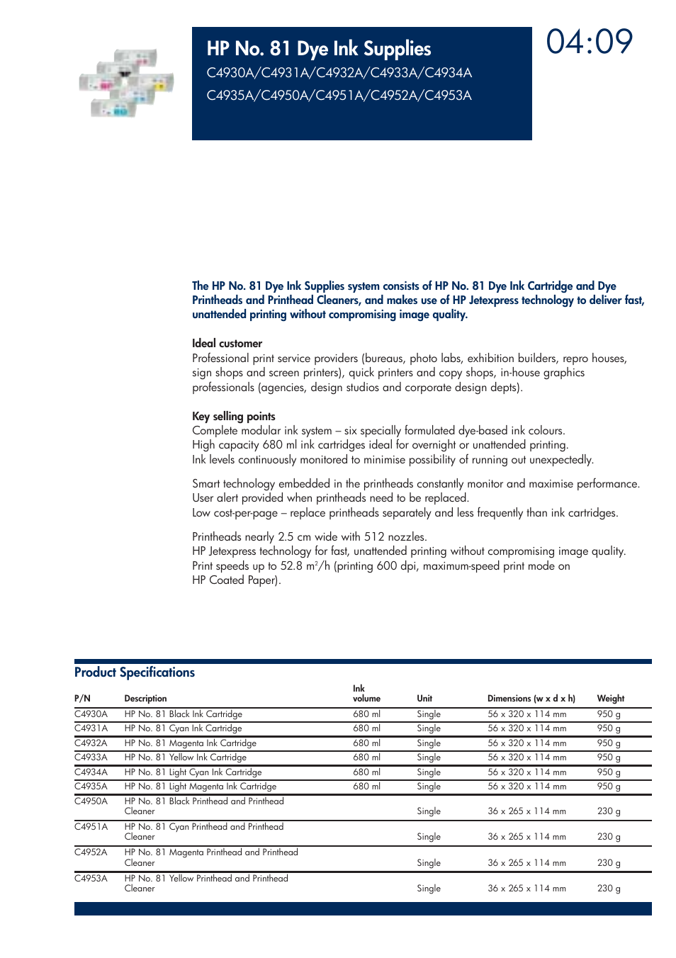 Hp no. 81 dye ink supplies | HP 200T User Manual | Page 137 / 174