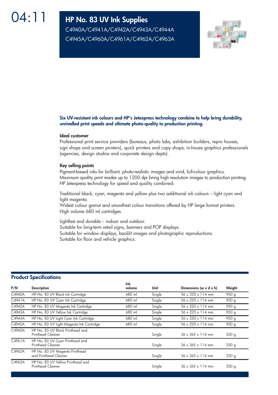 Hp no. 83 uv ink supplies | HP 200T User Manual | Page 140 / 174