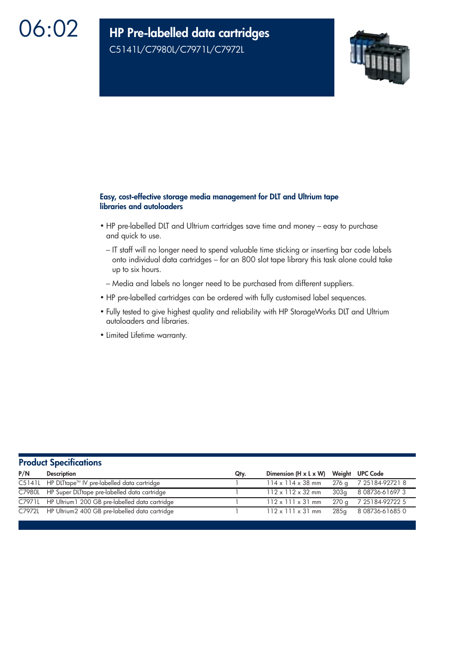 Hp pre-labelled data cartridges | HP 200T User Manual | Page 164 / 174