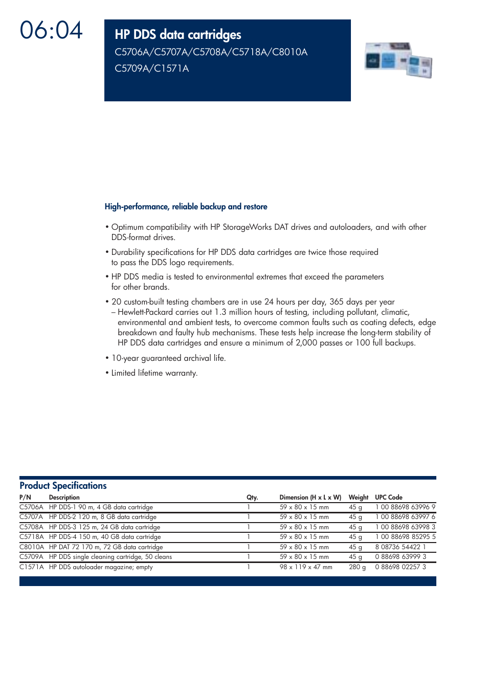 Hp dds data cartridges | HP 200T User Manual | Page 166 / 174