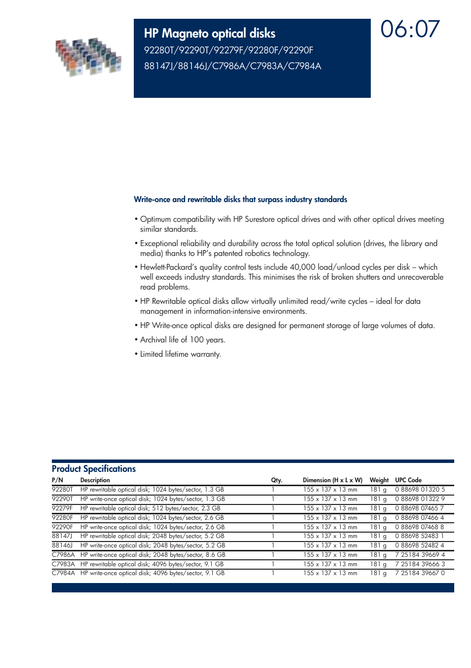 Hp magneto optical disks | HP 200T User Manual | Page 169 / 174