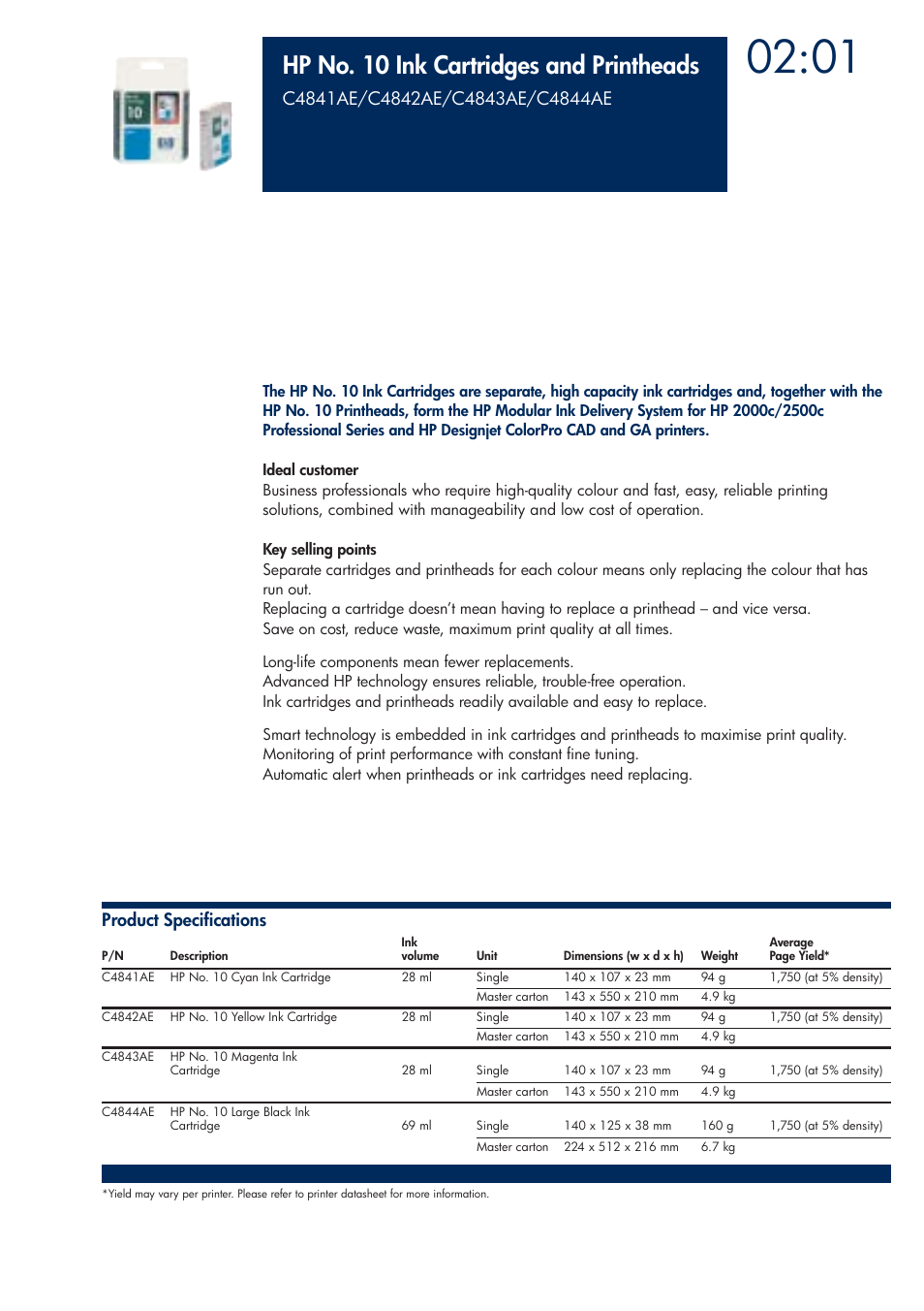 Hp no. 10 ink cartridges and printheads | HP 200T User Manual | Page 57 / 174