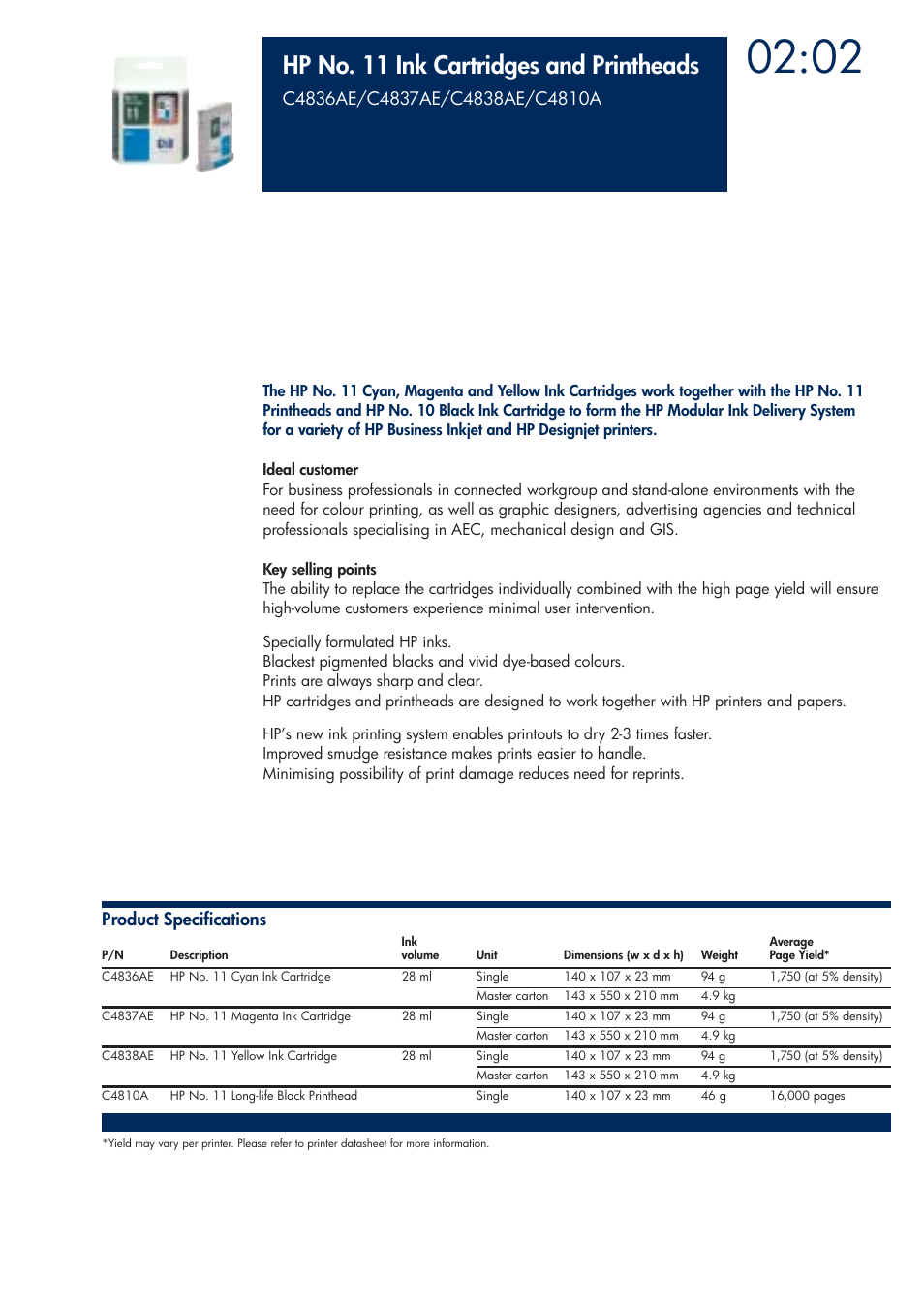 Hp no. 11 ink cartridges and printheads | HP 200T User Manual | Page 59 / 174