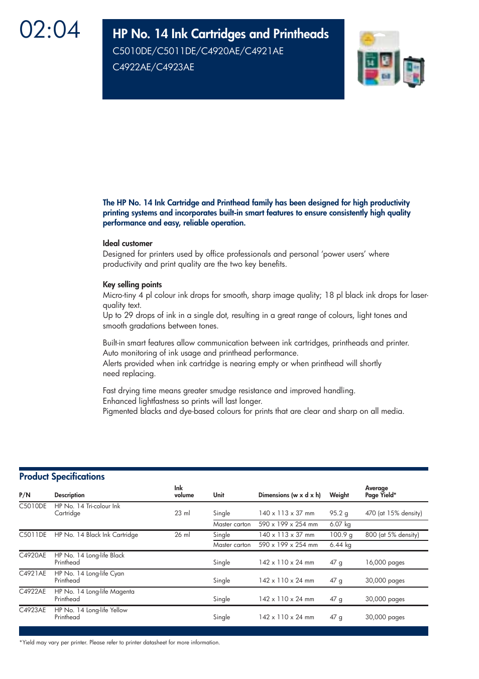 Hp no. 14 ink cartridges and printheads | HP 200T User Manual | Page 62 / 174