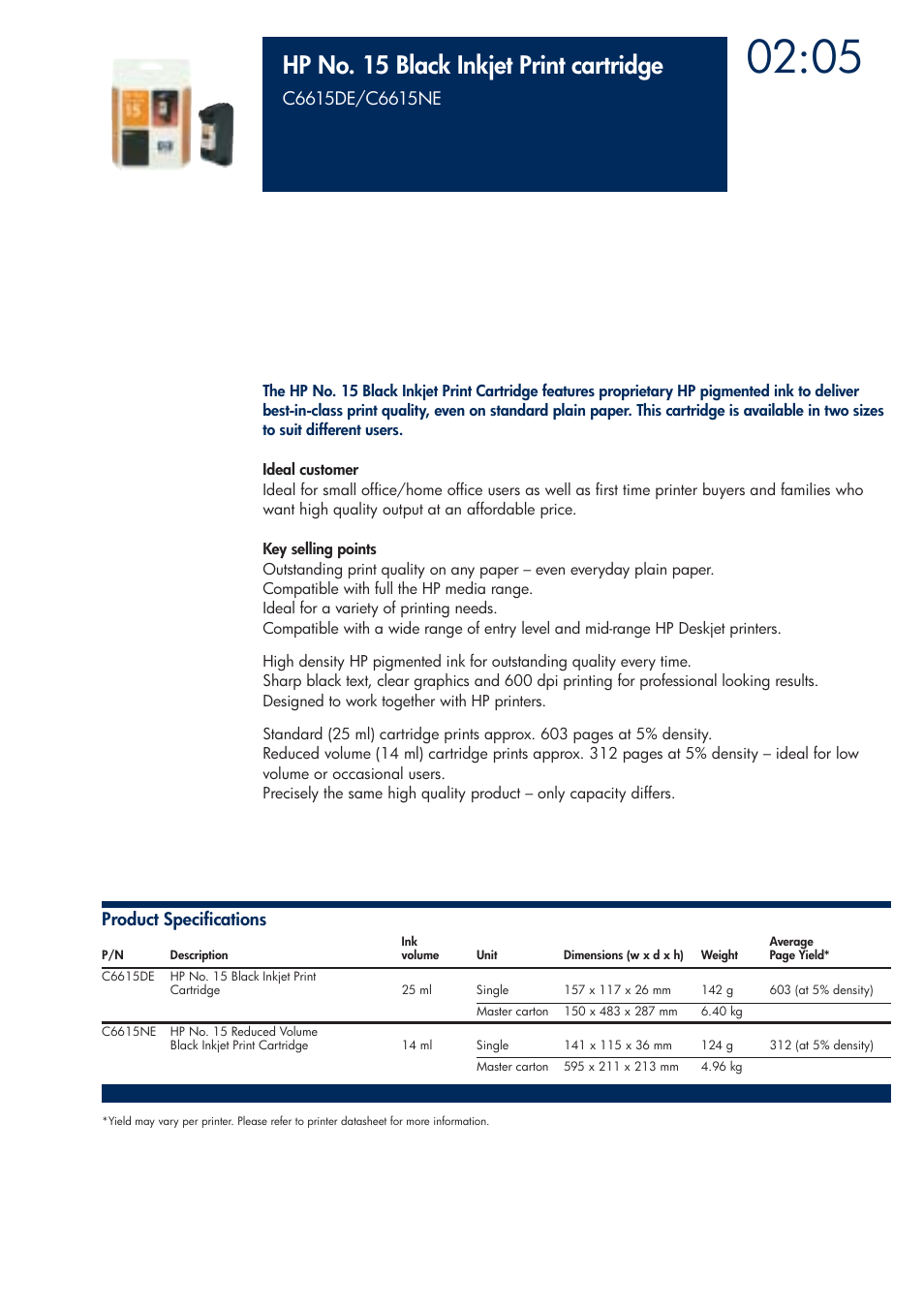 Hp no. 15 black inkjet print cartridge | HP 200T User Manual | Page 63 / 174