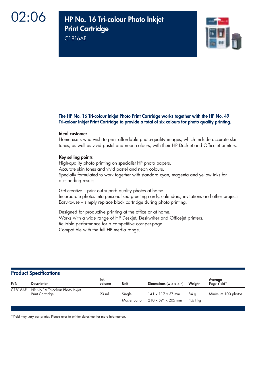 Hp no. 16 tri-colour photo inkjet print cartridge | HP 200T User Manual | Page 64 / 174