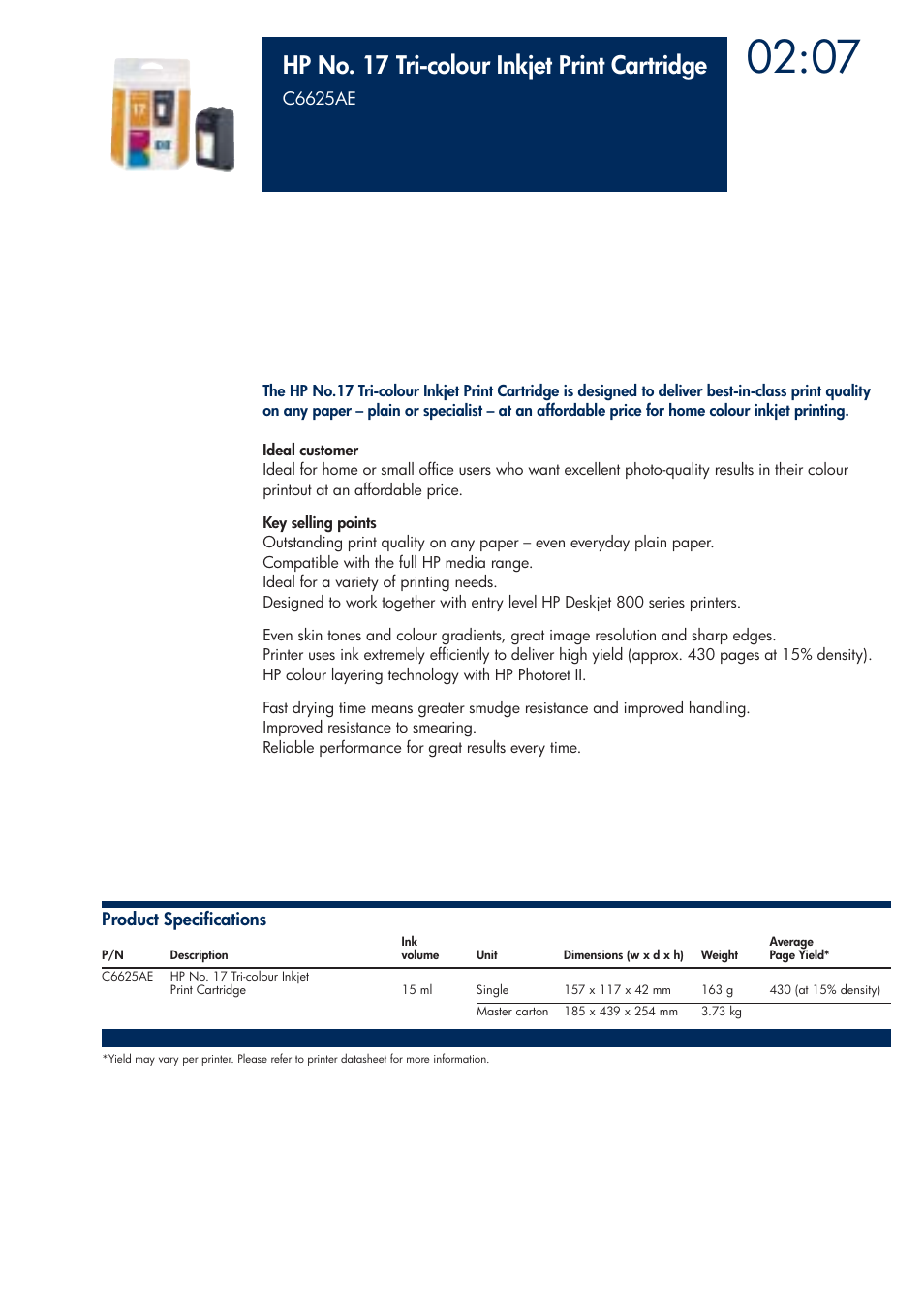 Hp no. 17 tri-colour inkjet print cartridge | HP 200T User Manual | Page 65 / 174