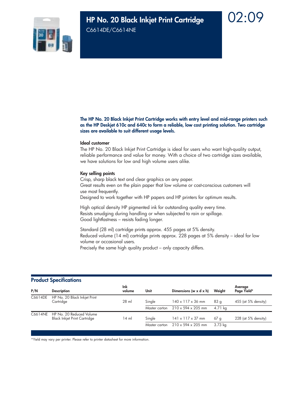 Hp no. 20 black inkjet print cartridge | HP 200T User Manual | Page 67 / 174