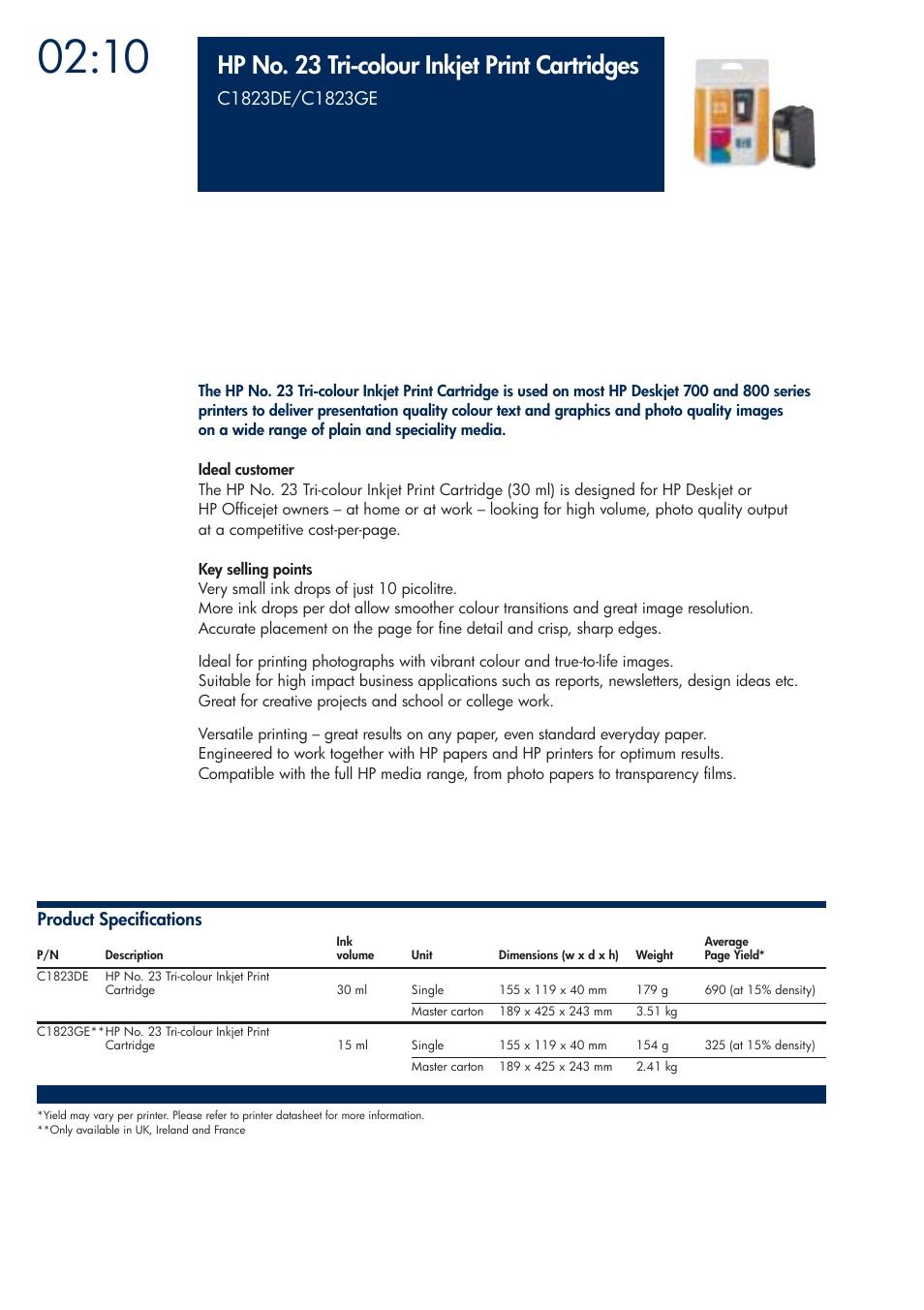 Hp no. 23 tri-colour inkjet print cartridges | HP 200T User Manual | Page 68 / 174