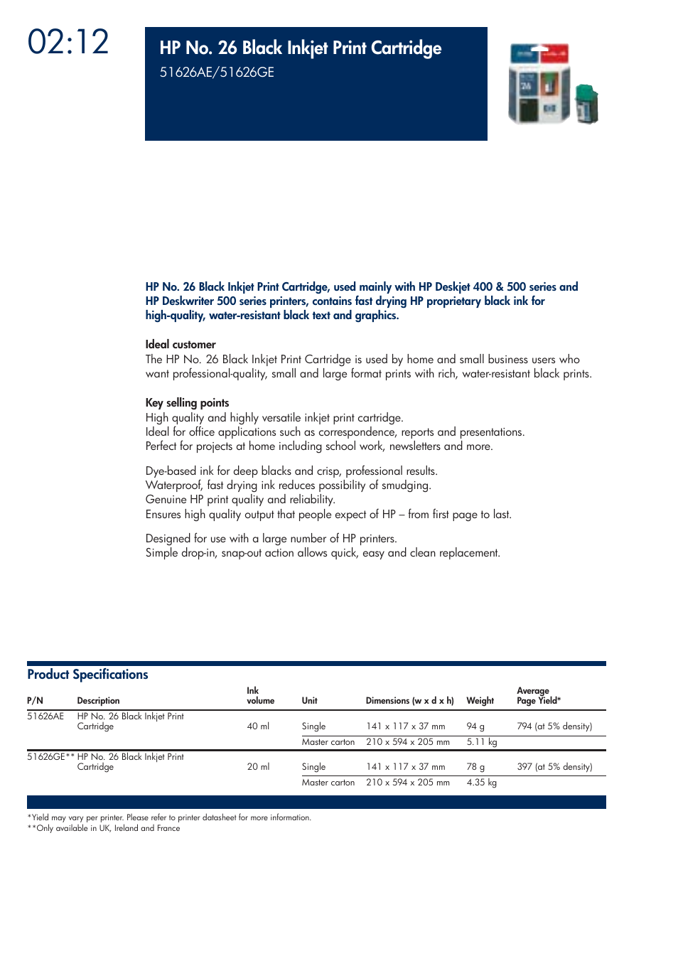 Hp no. 26 black inkjet print cartridge | HP 200T User Manual | Page 70 / 174