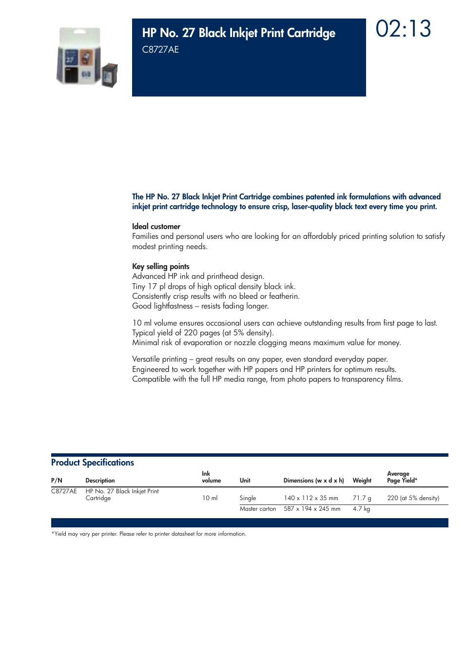 Hp no. 27 black inkjet print cartridge | HP 200T User Manual | Page 71 / 174