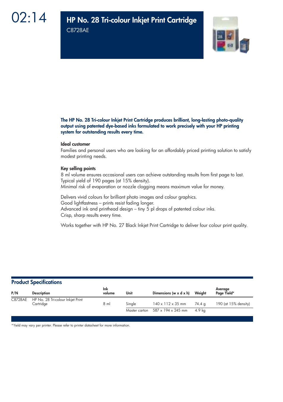 Hp no. 28 tri-colour inkjet print cartridge | HP 200T User Manual | Page 72 / 174