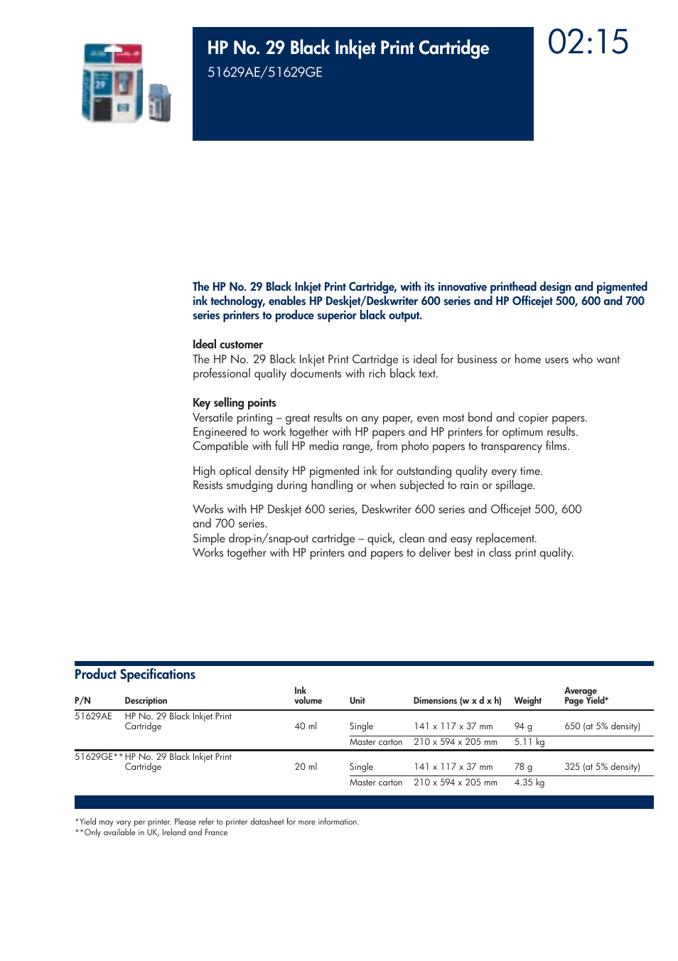 Hp no. 29 black inkjet print cartridge | HP 200T User Manual | Page 73 / 174