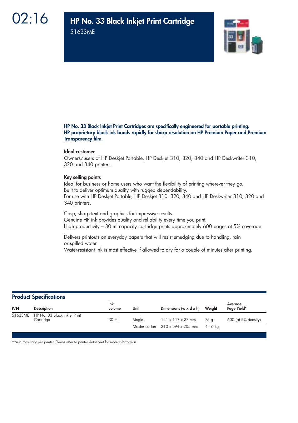 Hp no. 33 black inkjet print cartridge | HP 200T User Manual | Page 74 / 174