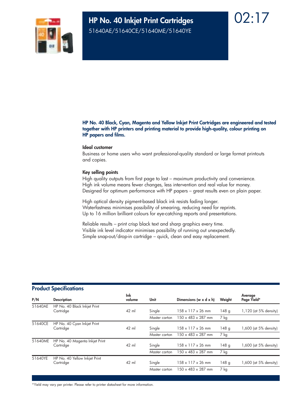 Hp no. 40 inkjet print cartridges | HP 200T User Manual | Page 75 / 174