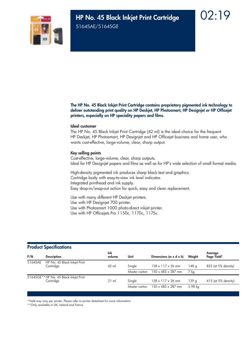 Hp no. 45 black inkjet print cartridge | HP 200T User Manual | Page 77 / 174