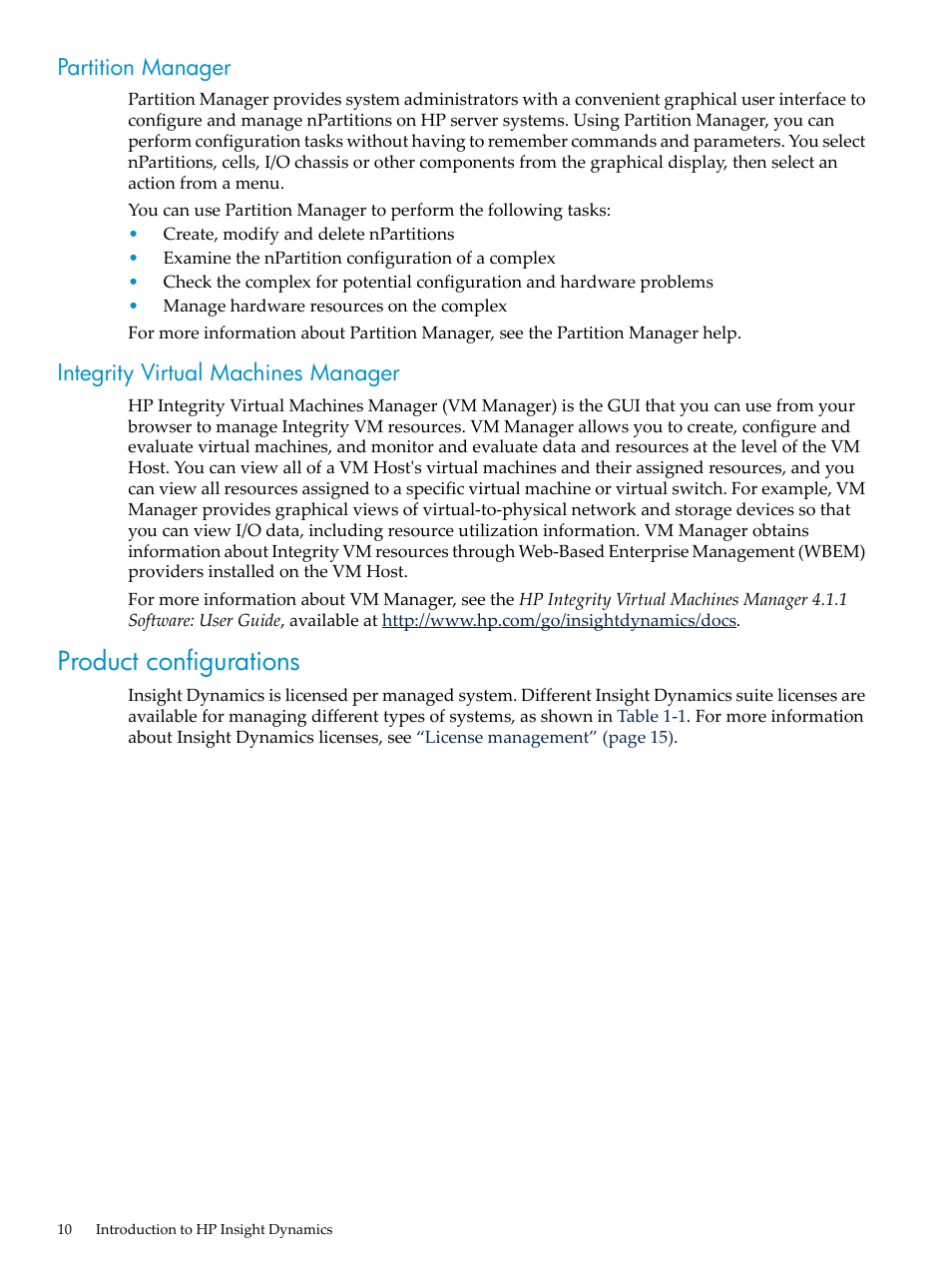 Partition manager, Integrity virtual machines manager, Product configurations | HP INSIGHT DYNAMICS T8671-91017 User Manual | Page 10 / 54
