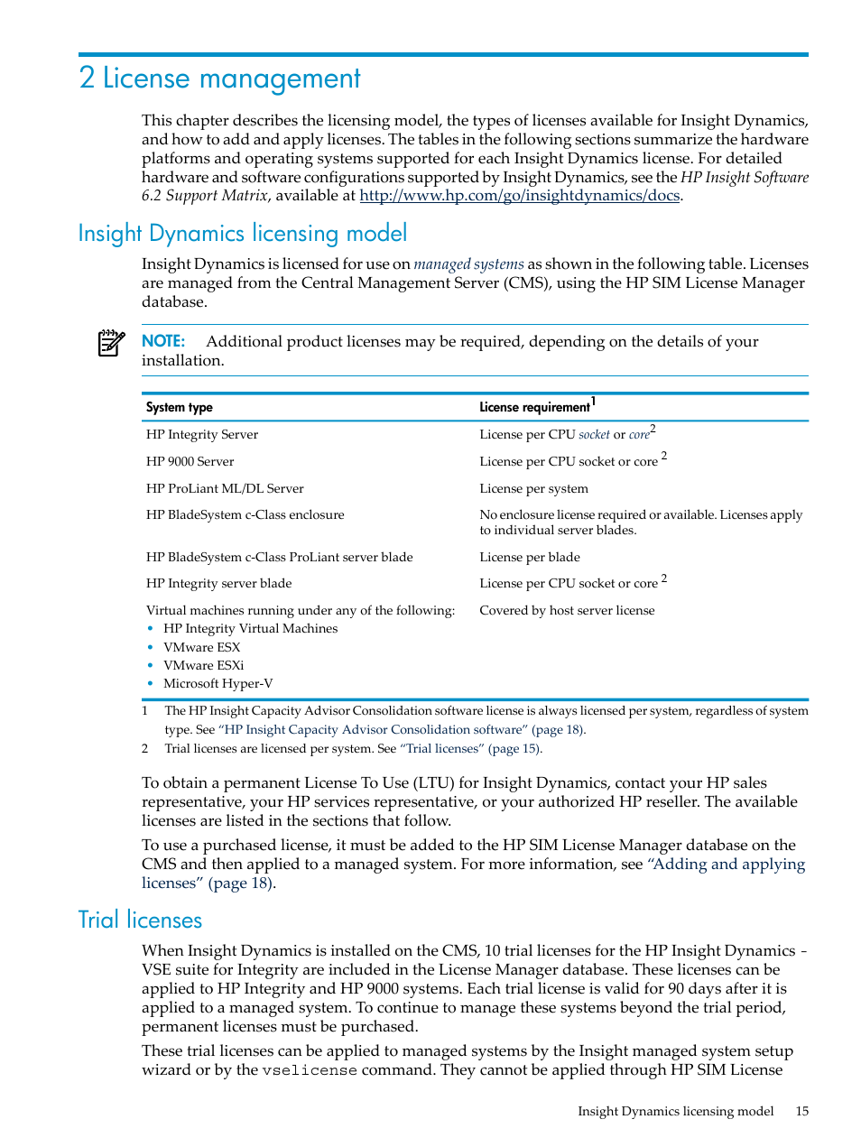 2 license management, Insight dynamics licensing model, Trial licenses | Insight dynamics licensing model trial licenses | HP INSIGHT DYNAMICS T8671-91017 User Manual | Page 15 / 54