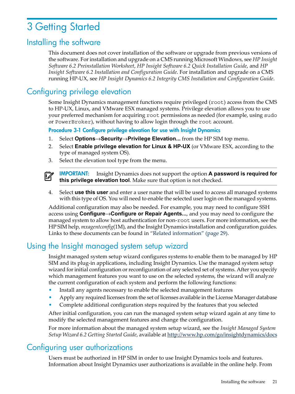 3 getting started, Installing the software, Configuring privilege elevation | Using the insight managed system setup wizard, Configuring user authorizations | HP INSIGHT DYNAMICS T8671-91017 User Manual | Page 21 / 54