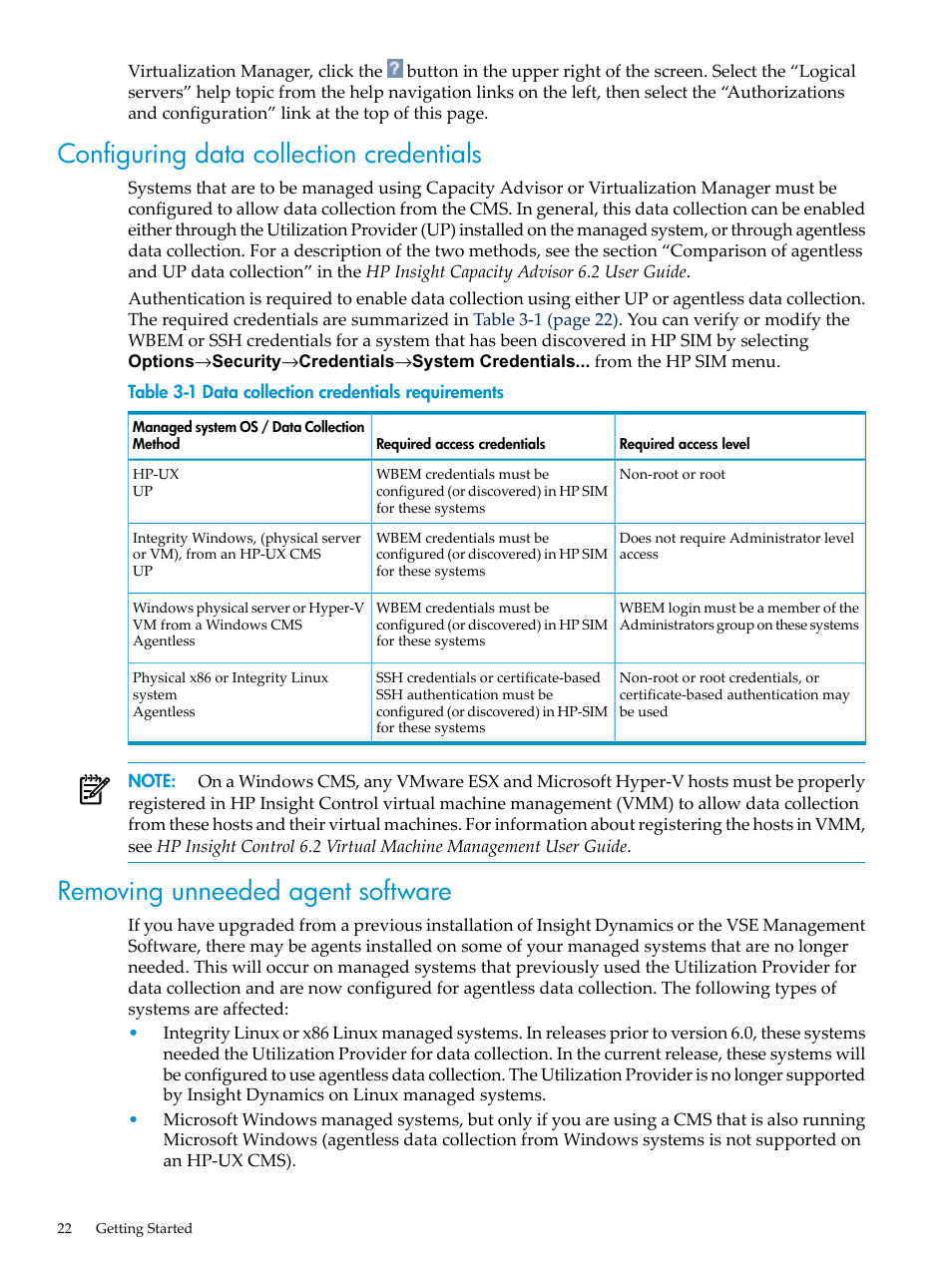 Configuring data collection credentials, Removing unneeded agent software | HP INSIGHT DYNAMICS T8671-91017 User Manual | Page 22 / 54