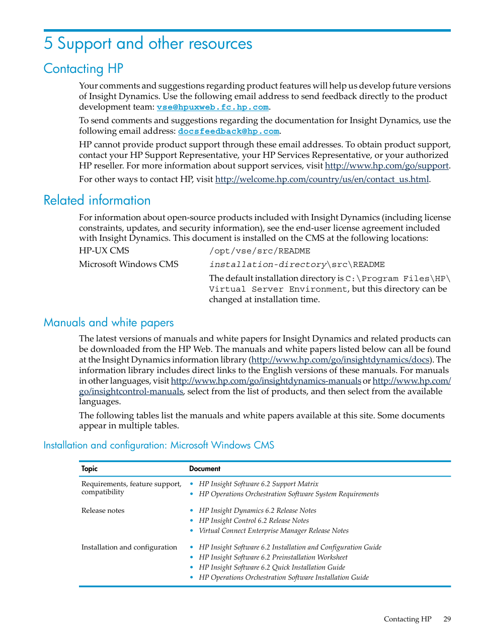 5 support and other resources, Contacting hp, Related information | Manuals and white papers, Contacting hp related information | HP INSIGHT DYNAMICS T8671-91017 User Manual | Page 29 / 54