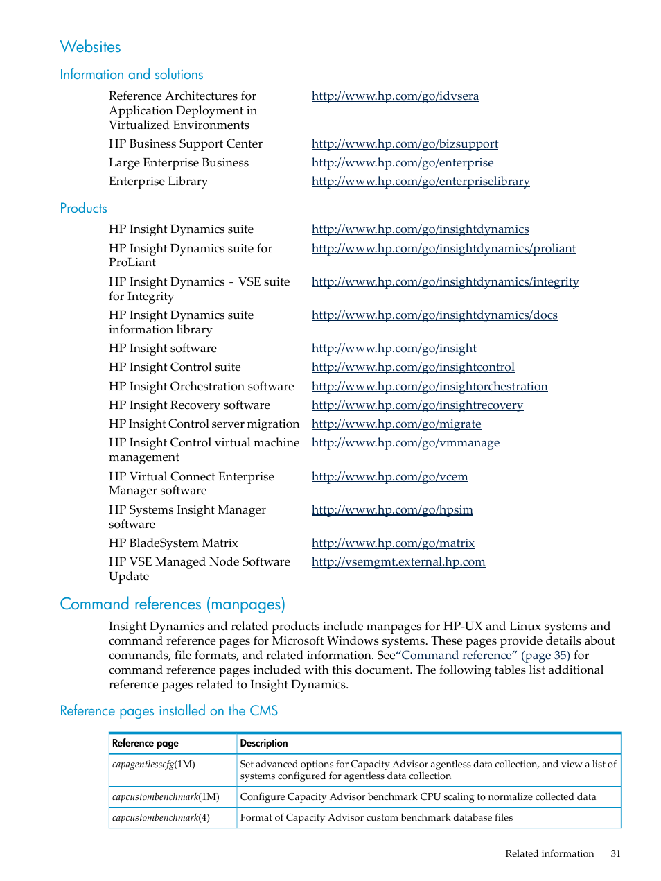 Websites, Information and solutions, Products | Information and solutions products, Command references (manpages) | HP INSIGHT DYNAMICS T8671-91017 User Manual | Page 31 / 54