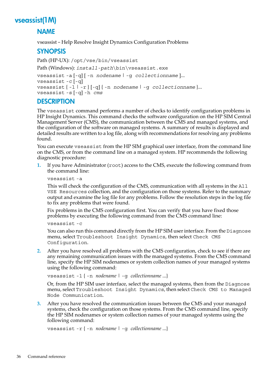 Vseassist(1m), Vseassist(1m) [p. 36, Name | Synopsis, Description | HP INSIGHT DYNAMICS T8671-91017 User Manual | Page 36 / 54