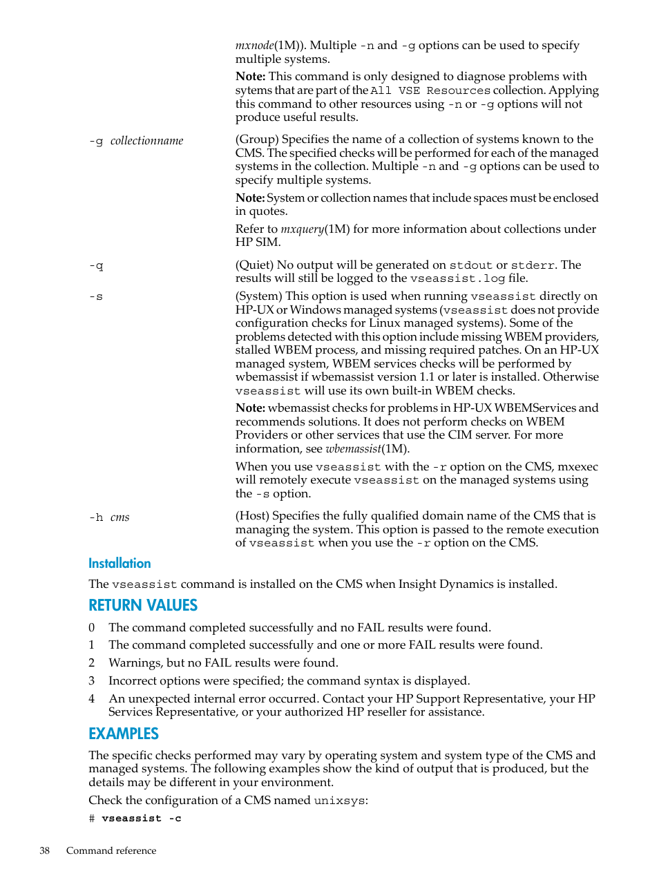 Return values, Examples | HP INSIGHT DYNAMICS T8671-91017 User Manual | Page 38 / 54