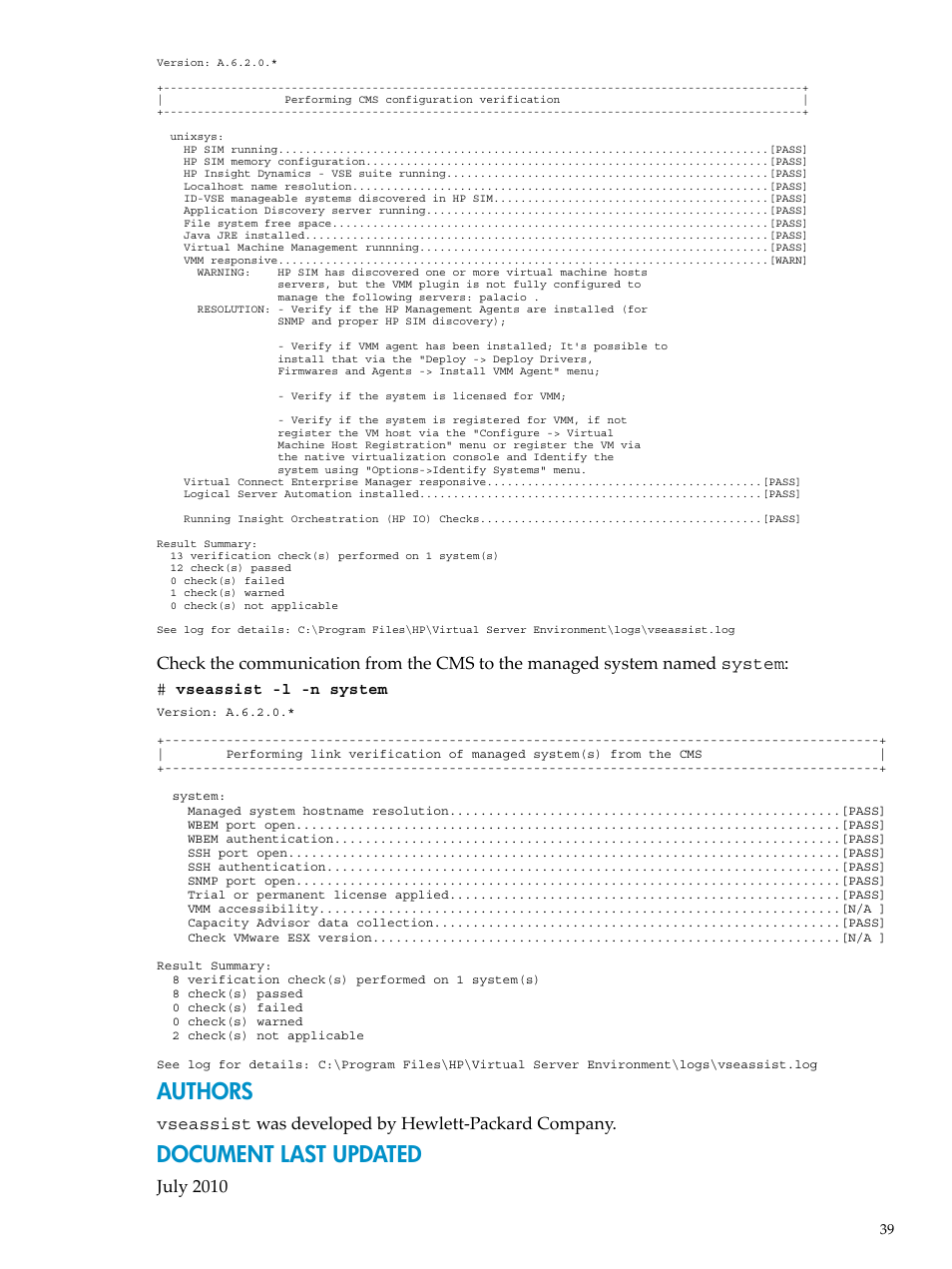 Authors, Document last updated | HP INSIGHT DYNAMICS T8671-91017 User Manual | Page 39 / 54