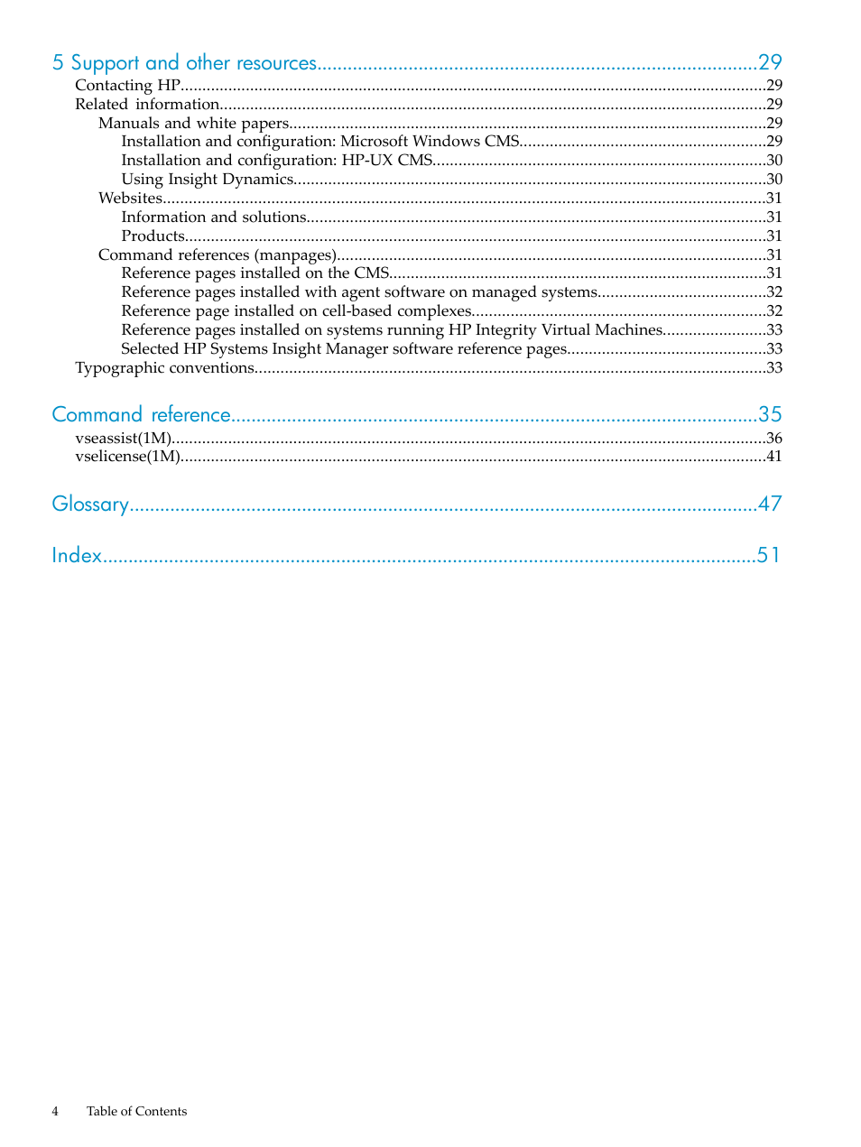 5 support and other resources, Command reference, Glossary index | HP INSIGHT DYNAMICS T8671-91017 User Manual | Page 4 / 54