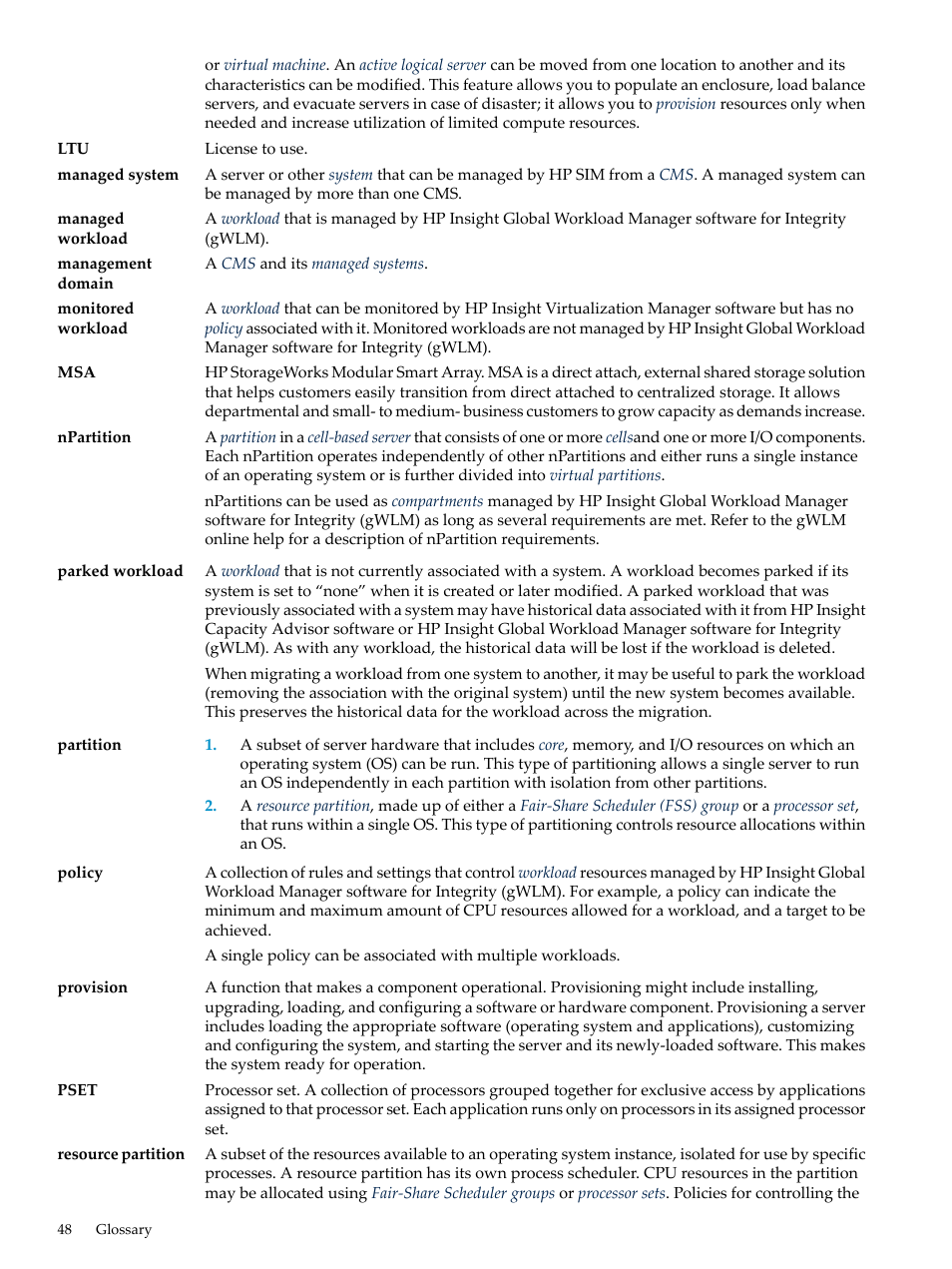 Npartitions, Managed system, Policies | Managed systems | HP INSIGHT DYNAMICS T8671-91017 User Manual | Page 48 / 54