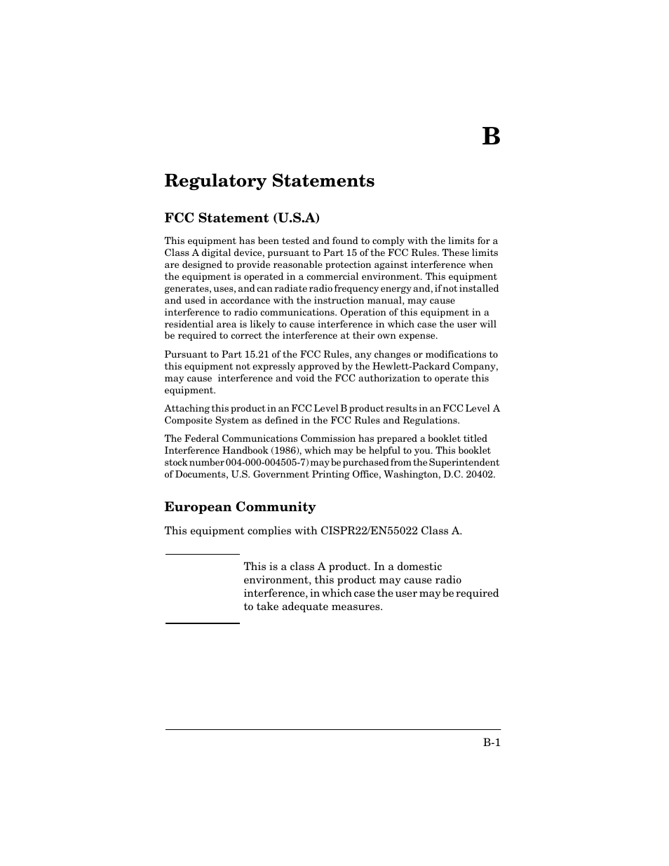 Regulatory statements, Fcc statement (u.s.a), European community | B regulatory statements | HP 170X User Manual | Page 25 / 30