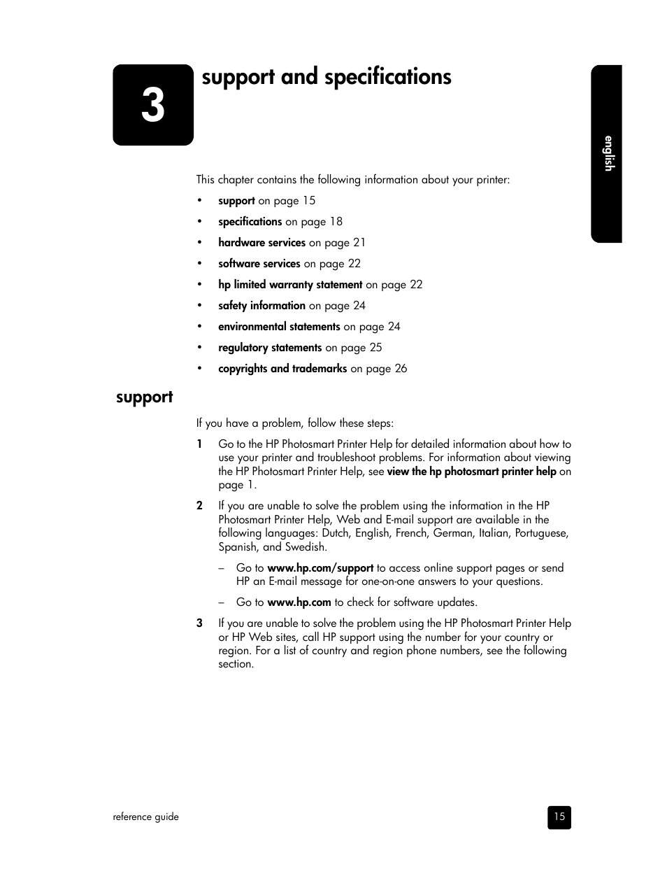 Support and specifications, Support | HP PHOTOSMART 7900 User Manual | Page 17 / 28