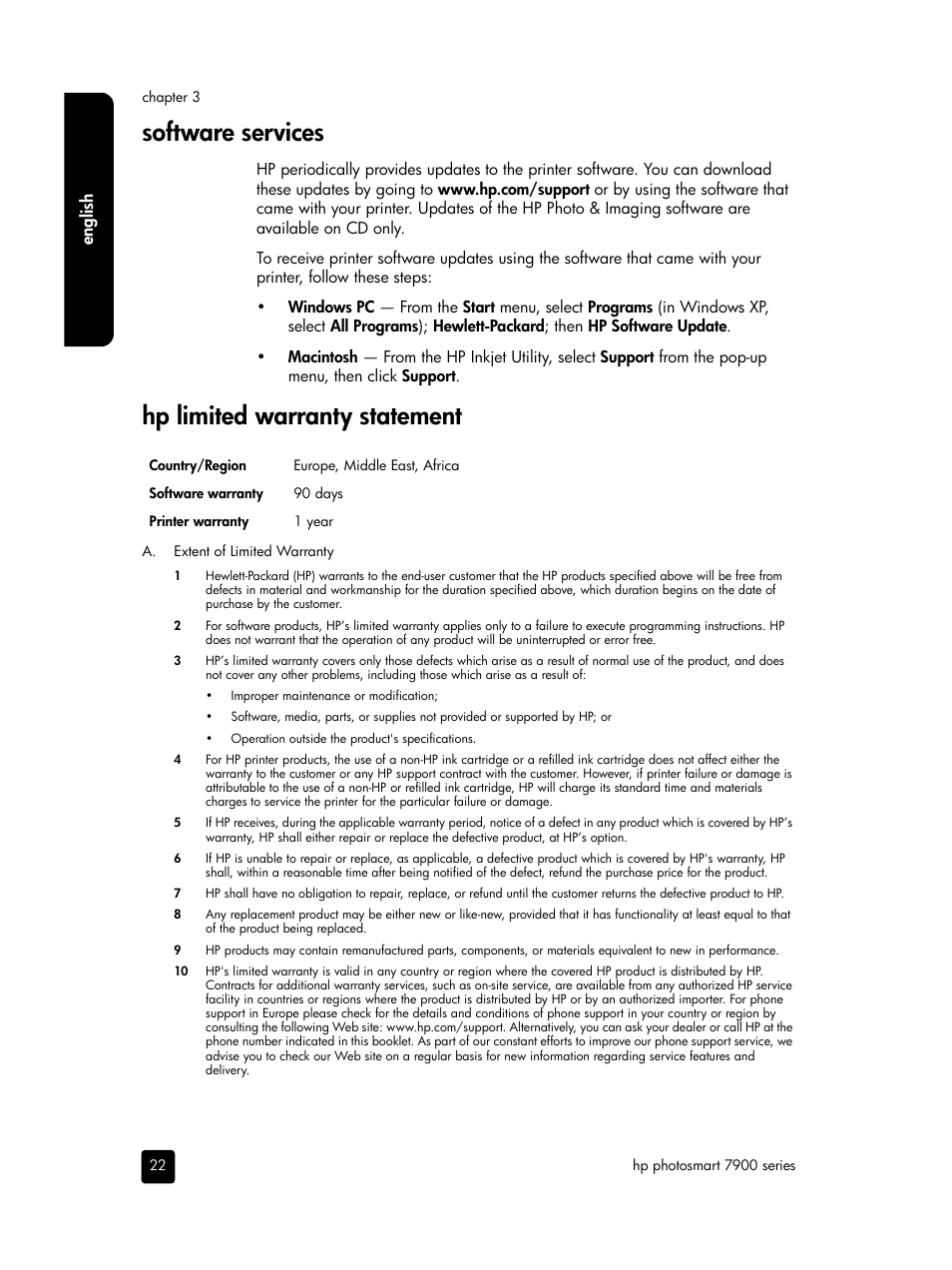 Software services, Hp limited warranty statement | HP PHOTOSMART 7900 User Manual | Page 24 / 28
