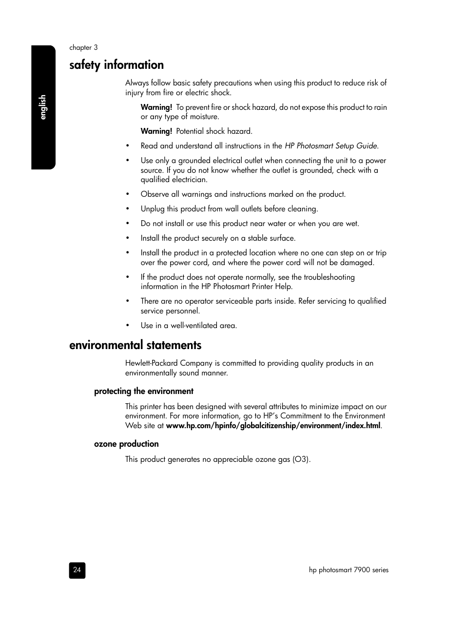 Safety information, Environmental statements | HP PHOTOSMART 7900 User Manual | Page 26 / 28