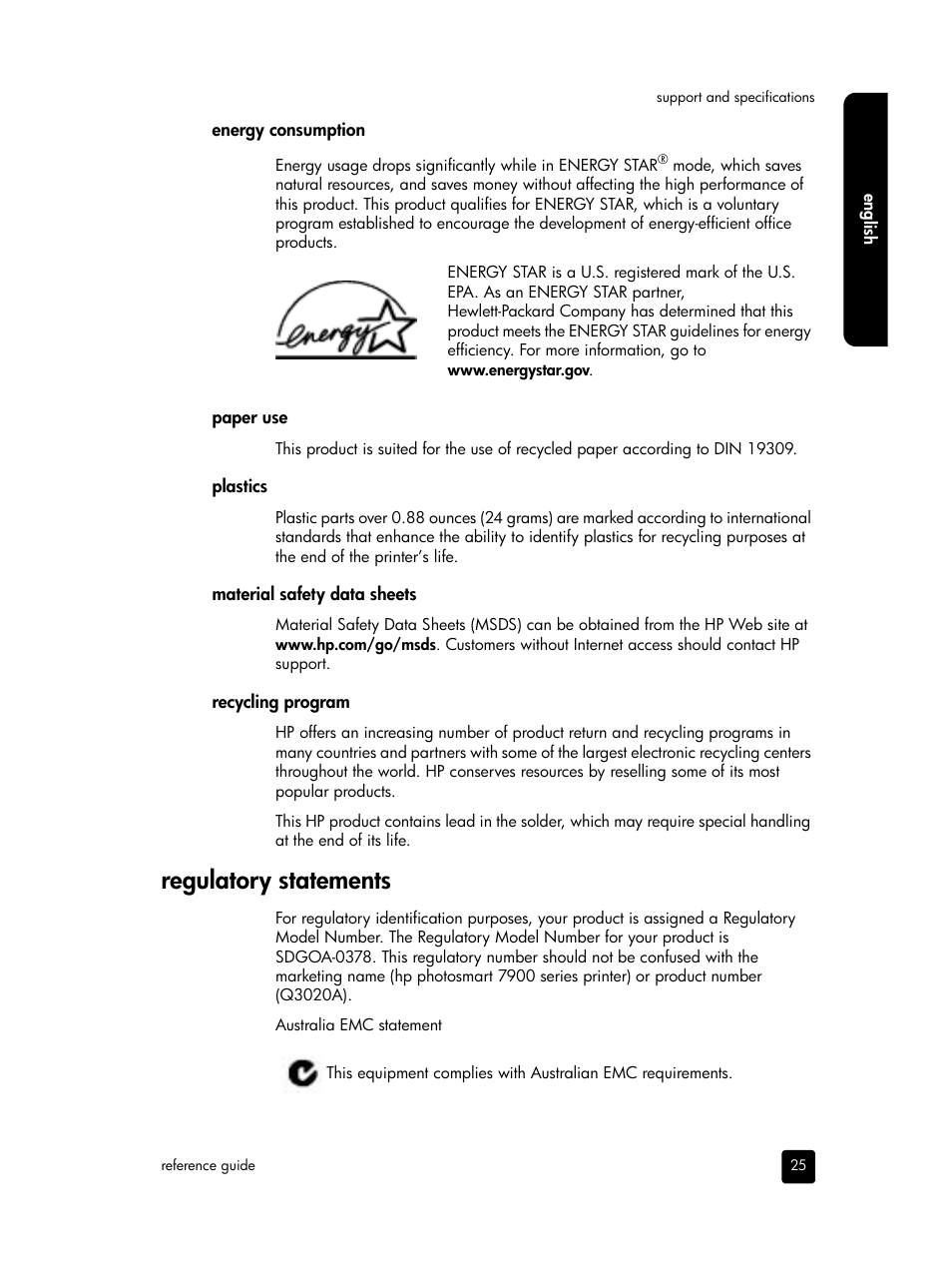 Regulatory statements | HP PHOTOSMART 7900 User Manual | Page 27 / 28