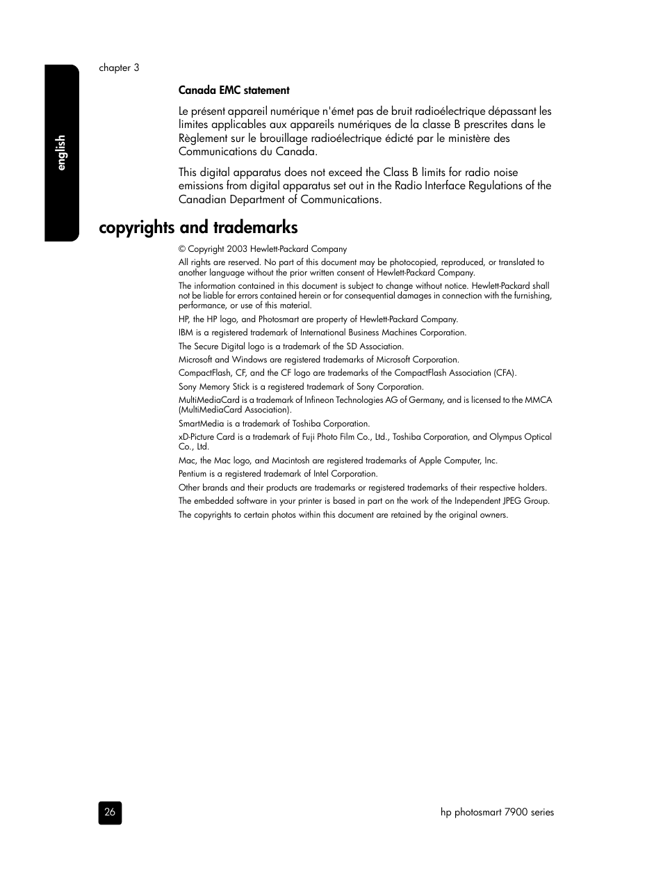 Copyrights and trademarks | HP PHOTOSMART 7900 User Manual | Page 28 / 28