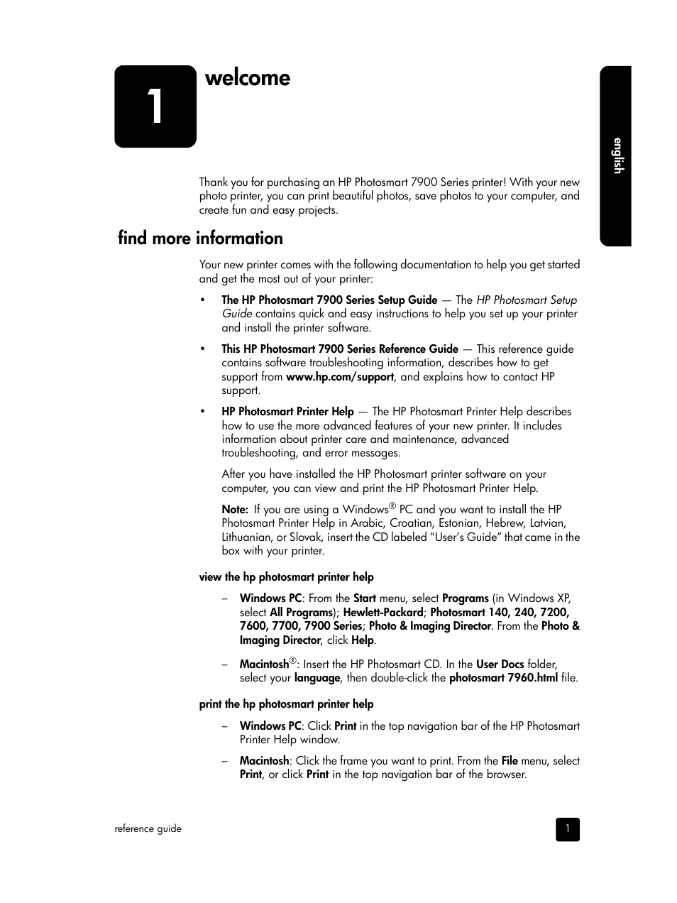 Welcome, Find more information | HP PHOTOSMART 7900 User Manual | Page 3 / 28